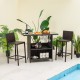 Outdoor wicker bar set featuring a table with storage and two bar stools, perfect for poolside relaxation.